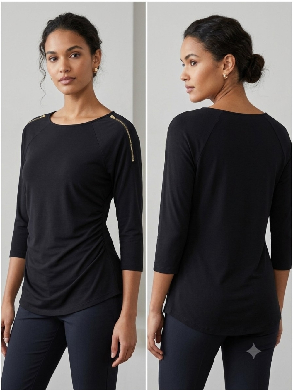 Black Long-Sleeve Top with Shoulder Zip Detail